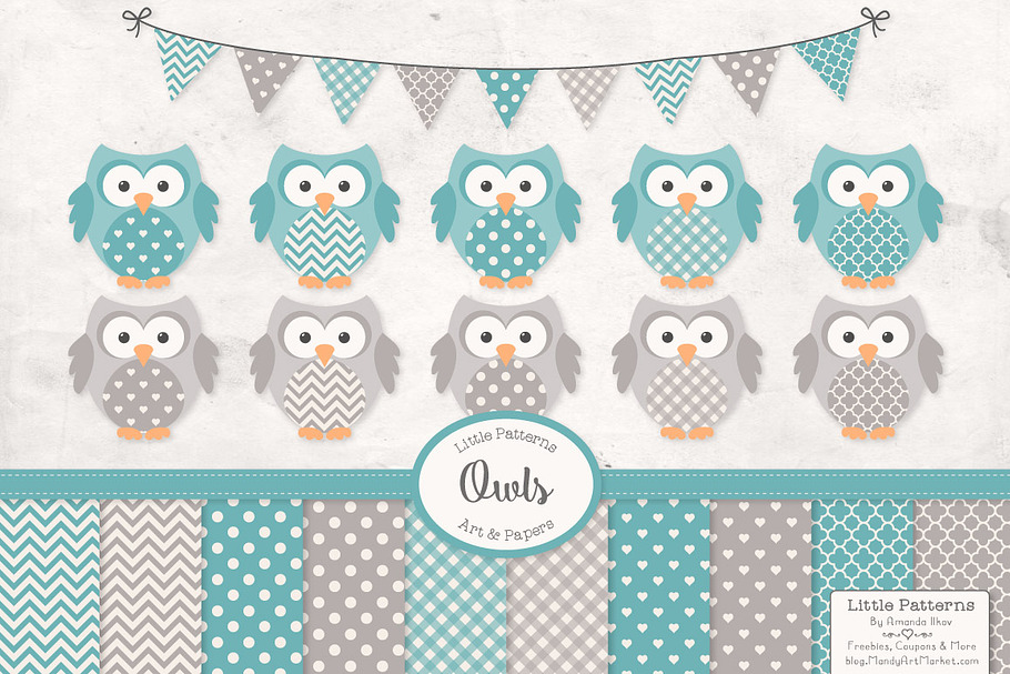 Vintage Blue Owls Vectors & Papers in Illustrations - product preview 8