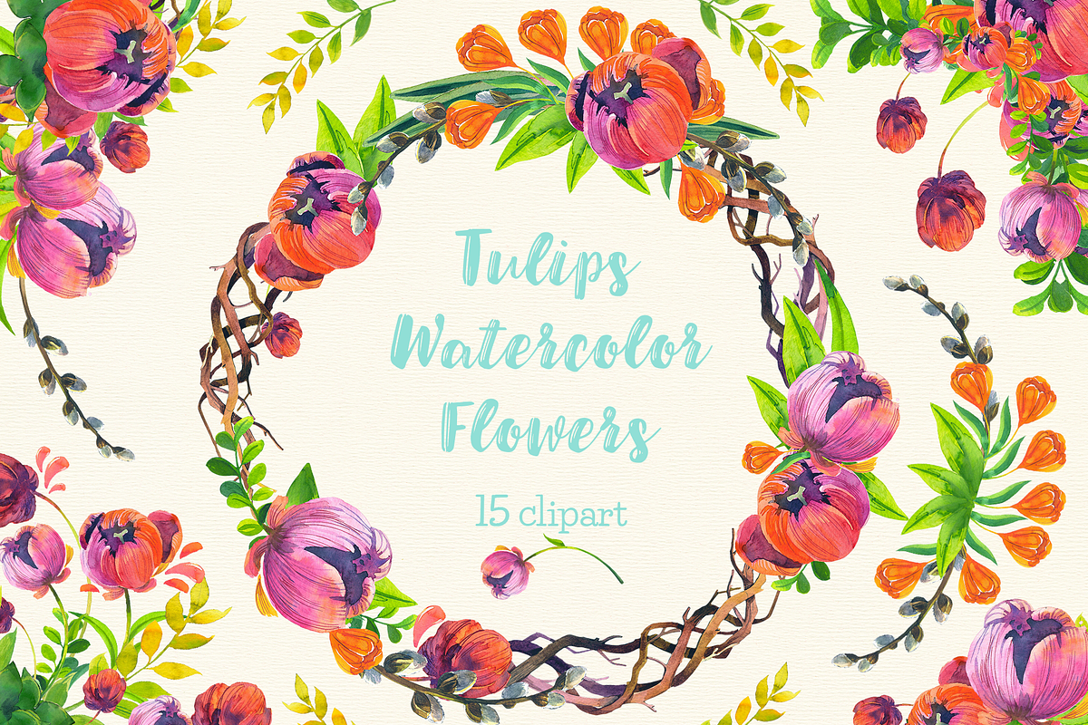 Tulips spring watercolor flowers in Illustrations - product preview 8