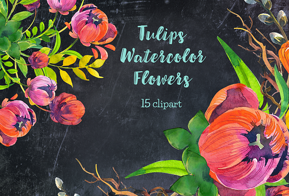 Tulips spring watercolor flowers in Illustrations - product preview 4