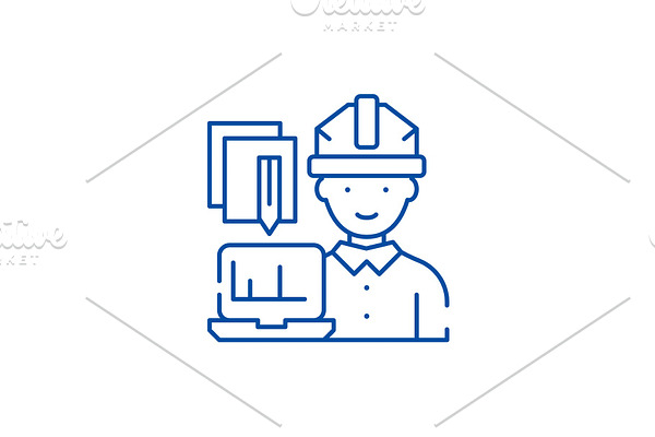 Engineer and computer line icon