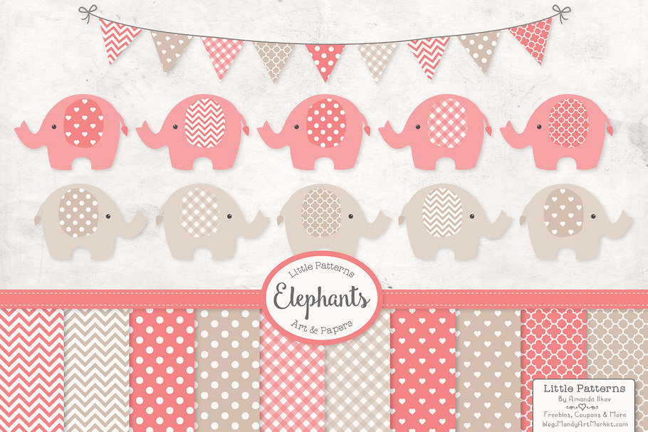 Coral Elephant Clipart & Patterns in Illustrations - product preview 8