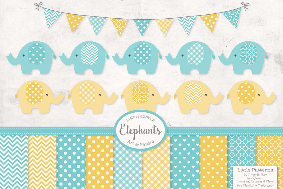 Aqua & Yellow Elephants & Patterns in Illustrations - product preview 8