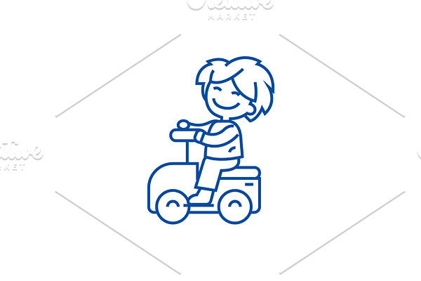 Playing boy driving on car line icon