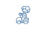 Playing boy driving on car line icon
