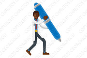 Black Doctor Man Holding Pen Mascot