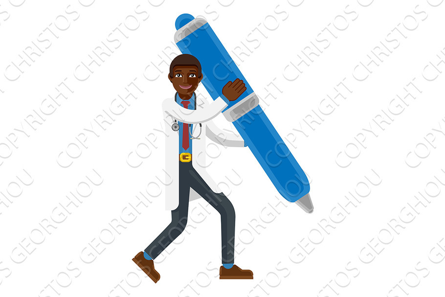 Black Doctor Man Holding Pen Mascot