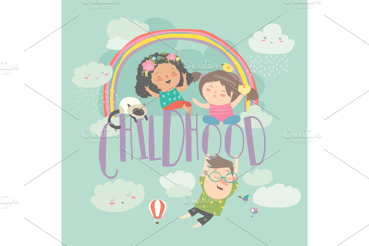 Cute children with rainbow. happy in Illustrations - product preview 8