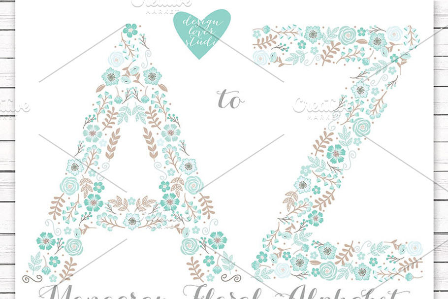 Vector mint floral alphabet