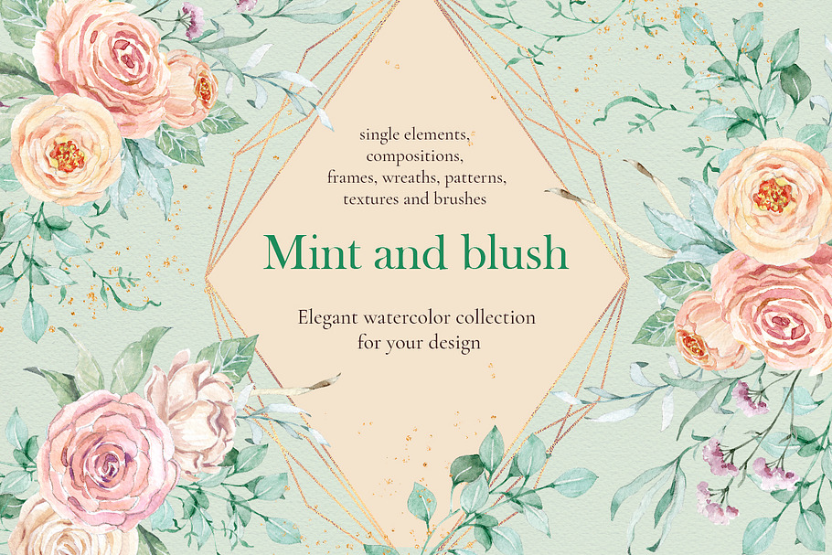 Mint and blush - watercolor clipart in Illustrations - product preview 8