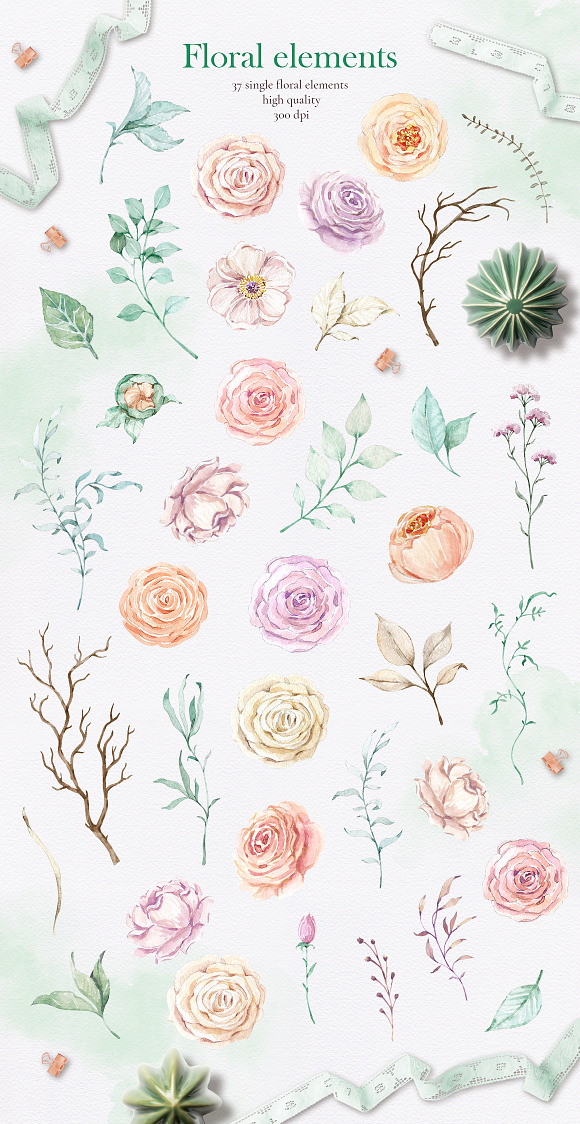 Mint and blush - watercolor clipart in Illustrations - product preview 1