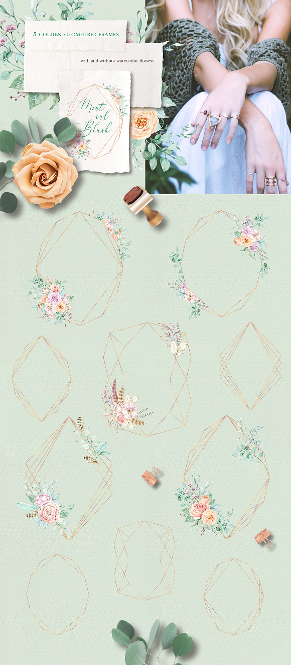 Mint and blush - watercolor clipart in Illustrations - product preview 7