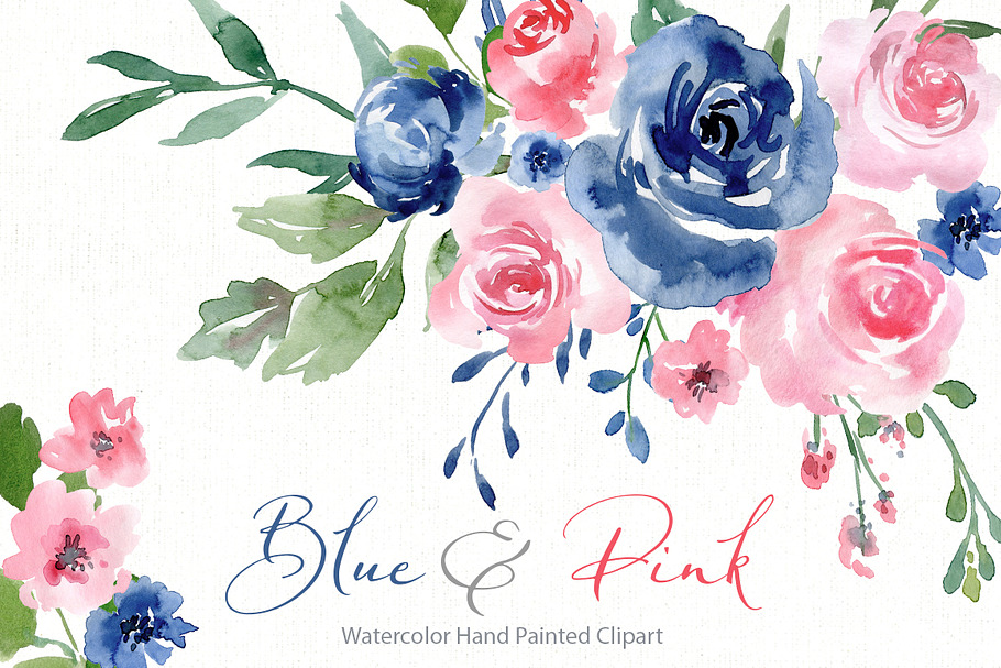 Watercolor Blue Pink Roses Flowers