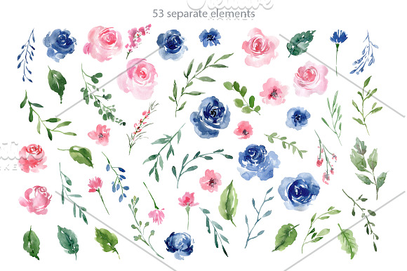 Watercolor Blue Pink Roses Flowers in Illustrations - product preview 1
