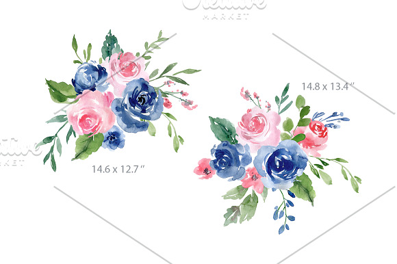 Watercolor Blue Pink Roses Flowers in Illustrations - product preview 2