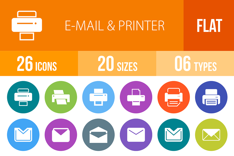 26 Email & Printer Flat Round Icons