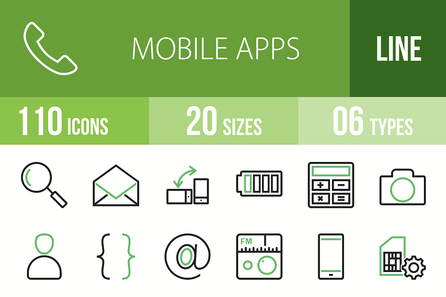 110 Mobile Apps Green & Black Icons in Graphics - product preview 8