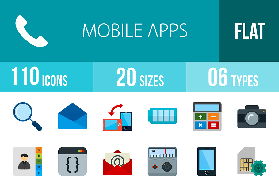 110 Mobile Apps Flat Multicolor Icon
