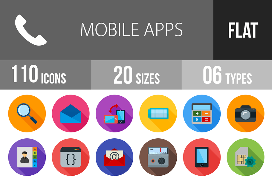 110 Mobile Apps Flat Shadowed Icons
