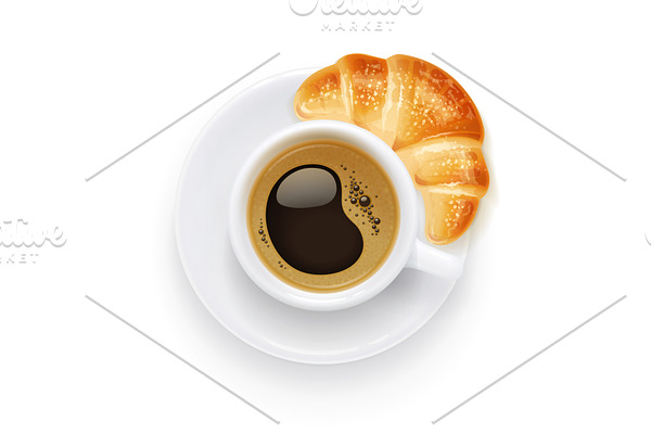 Coffee cup and plate. Croissant.