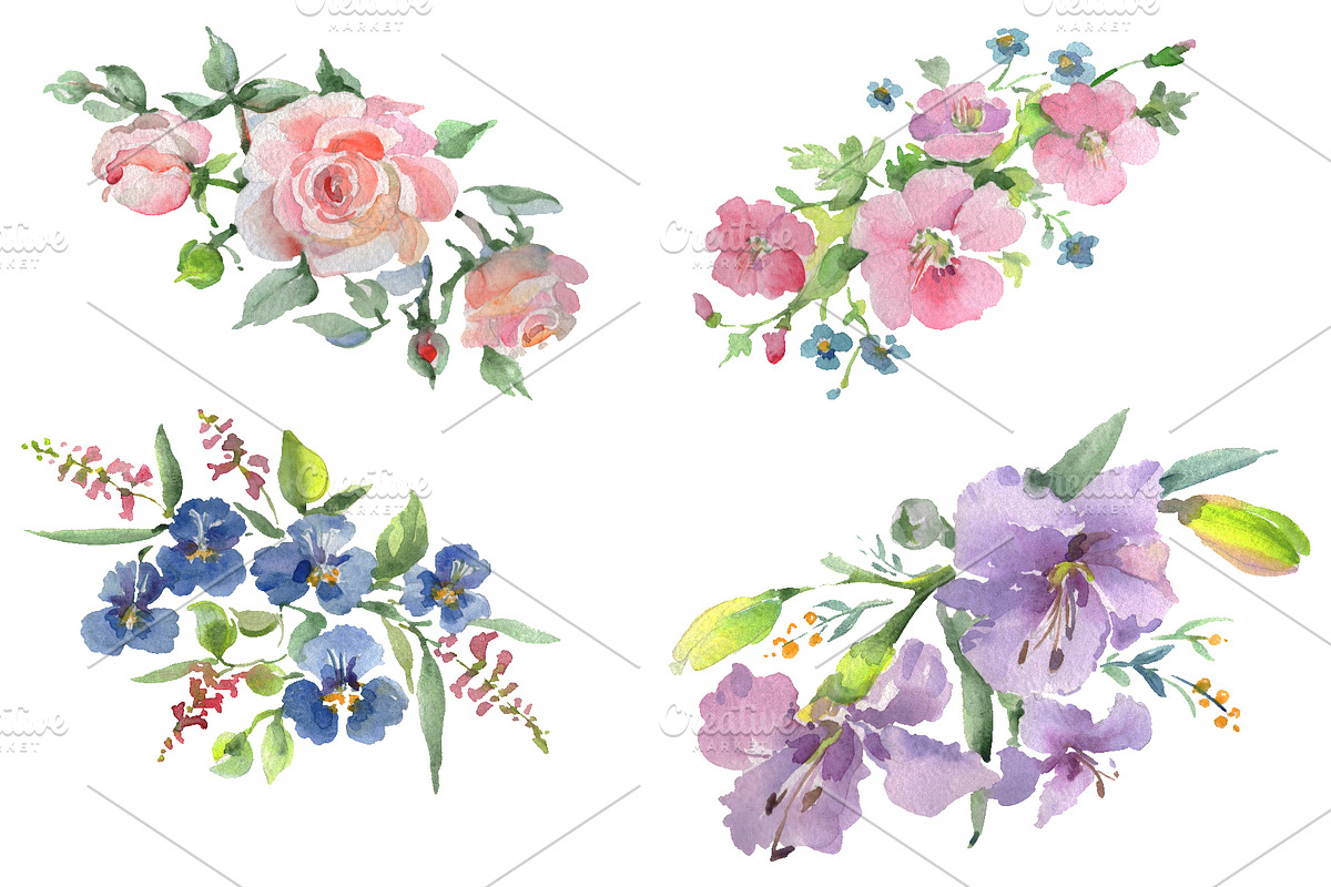 Bouquet Clear morning pink and blue in Illustrations - product preview 8