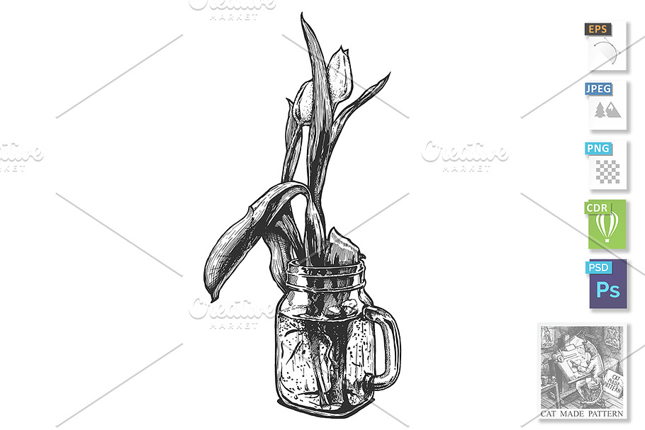 Two tulips in glass jar with handle