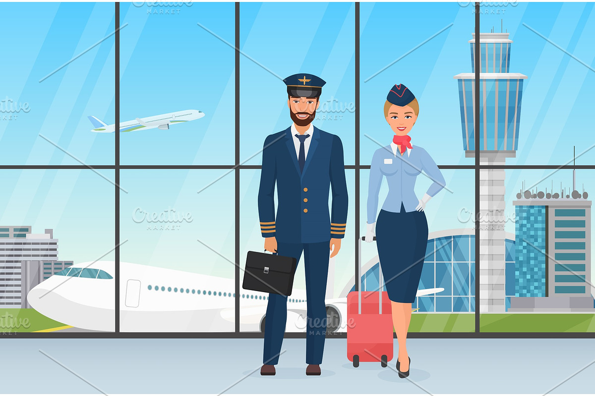 Pilot and stewardess in airport in Illustrations - product preview 8