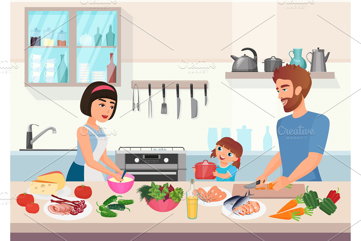 Happy young family cooking in Illustrations - product preview 8