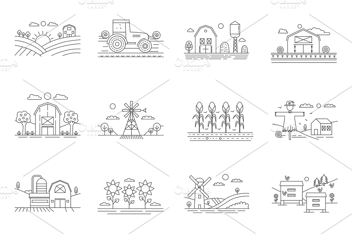 Farm and farming fields line icons in Illustrations - product preview 8