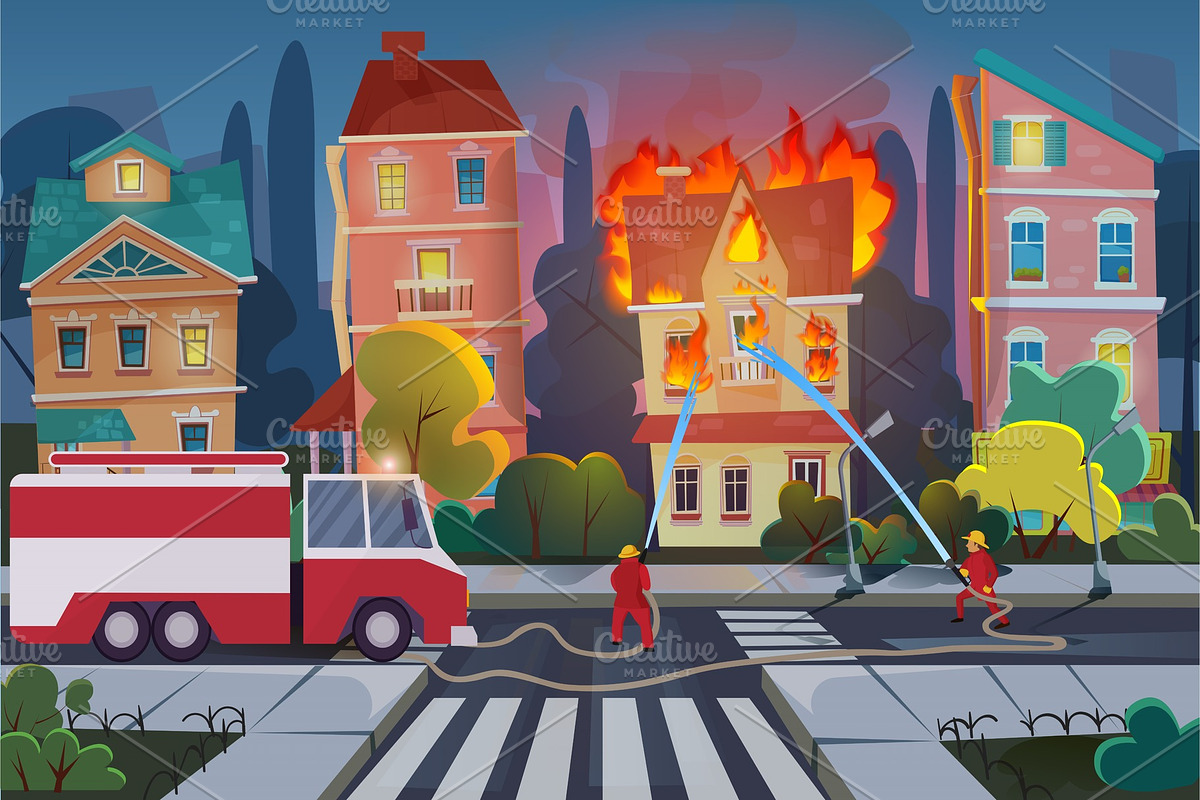 Firefighters extinguish civil house in Illustrations - product preview 8