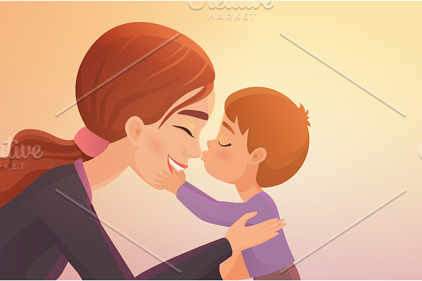 Cute little boy kisses his mother