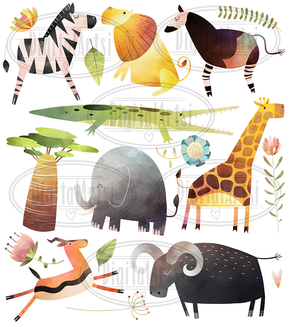 Watercolor African Animals Clipart in Illustrations - product preview 1