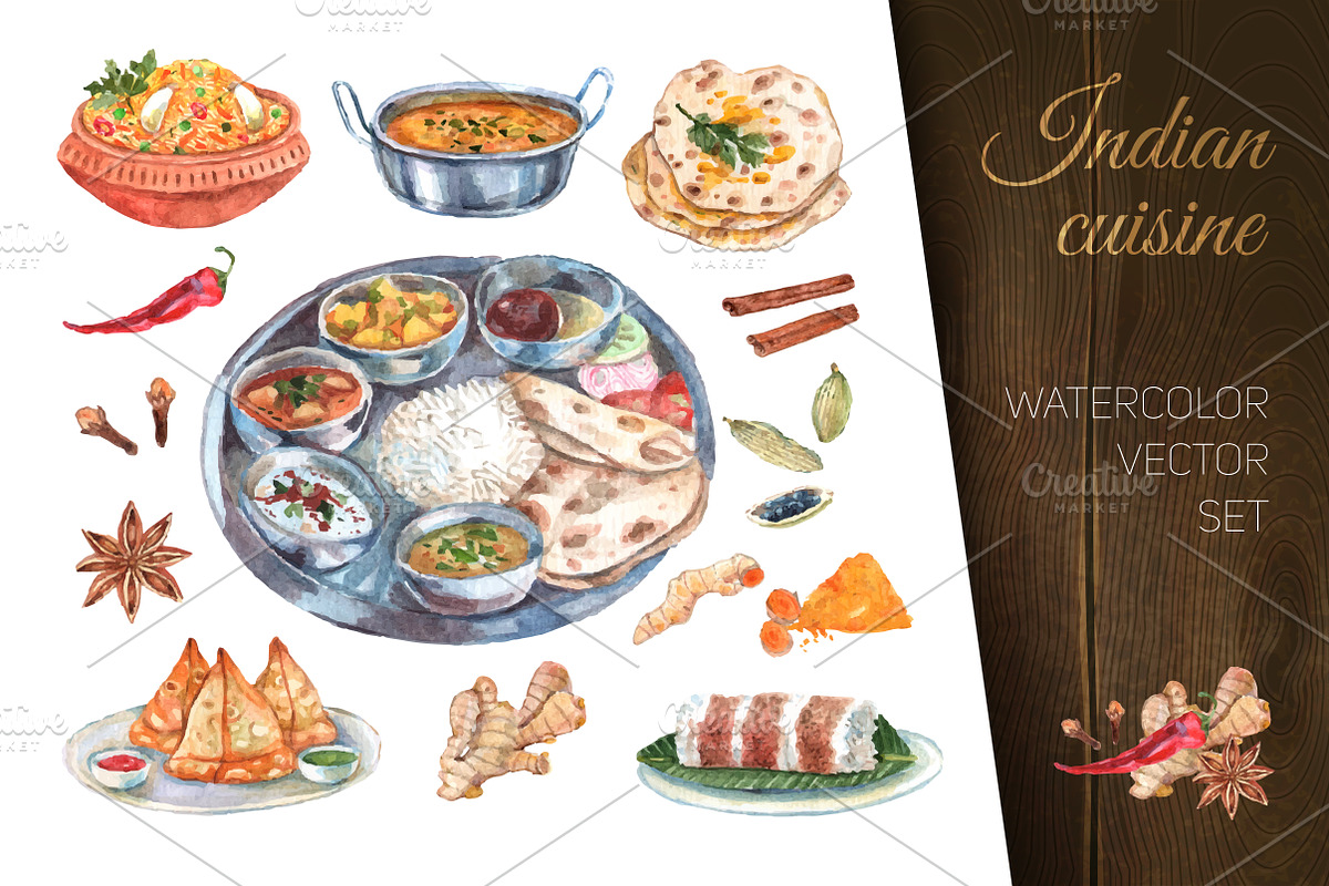 Indian cuisine watercolor set in Illustrations - product preview 8