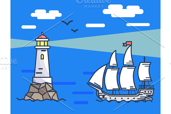 Banner Depicting Lighthouse and Ship