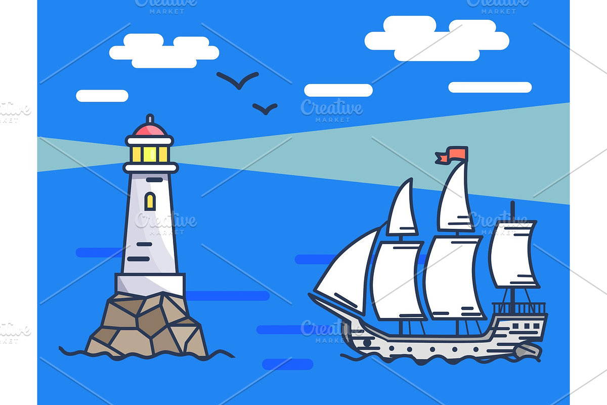 Banner Depicting Lighthouse and Ship in Illustrations - product preview 8