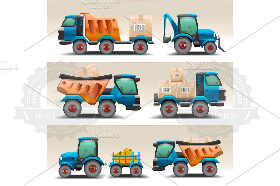 Set of trucks and tractors in Illustrations - product preview 8