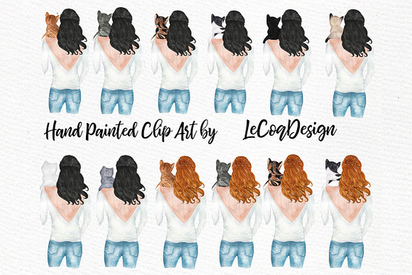 Girls and Cats Clipart Cat Lover in Illustrations - product preview 1