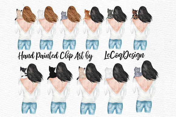 Girls and Cats Clipart Cat Lover in Illustrations - product preview 4