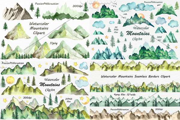 Big Set of Watercolor Mountains