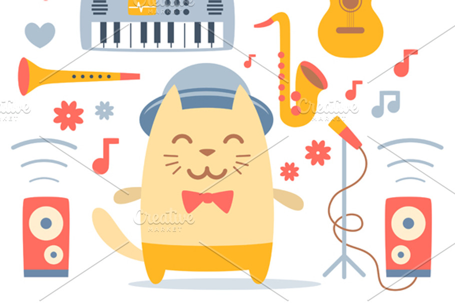 Сat musician with set of instruments in Illustrations - product preview 8