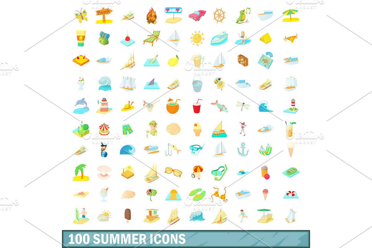 100 summer icons set, cartoon style in Illustrations - product preview 8