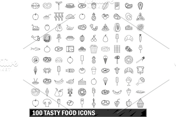 100 tasty food icons set, outline