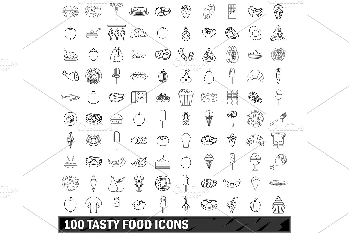 100 tasty food icons set, outline in Illustrations - product preview 8