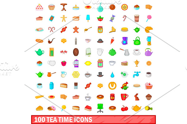100 tea time icons set, cartoon
