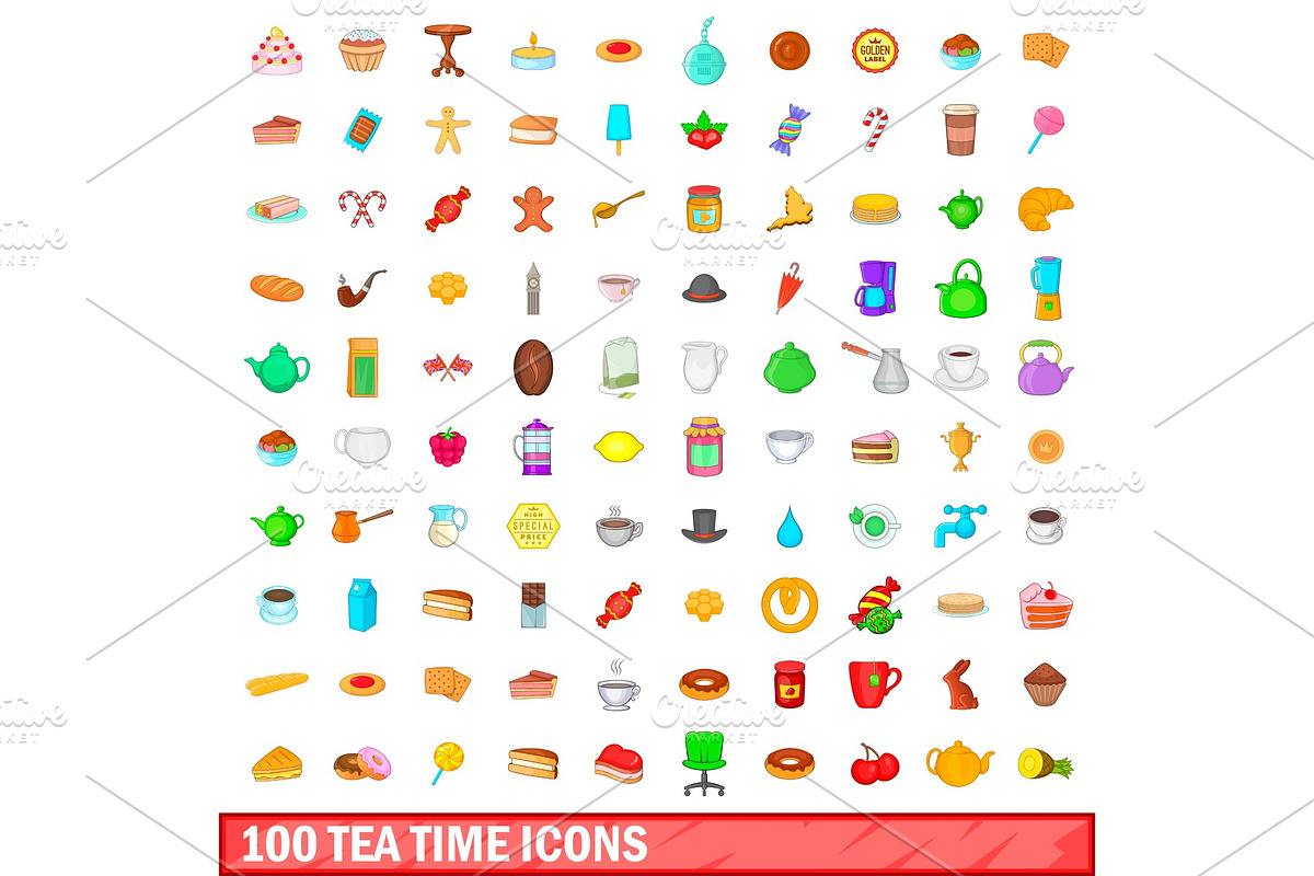 100 tea time icons set, cartoon in Illustrations - product preview 8