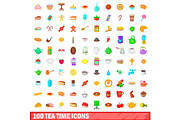 100 tea time icons set, cartoon