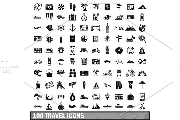 100 travel icons set in simple style