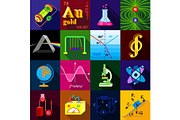 Science research icons set, flat