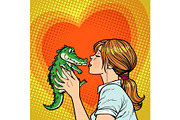 mom kisses crocodile, naughty baby