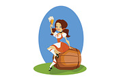 Beer girl in dirndl on keg