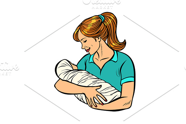 mother with newborn, woman and child